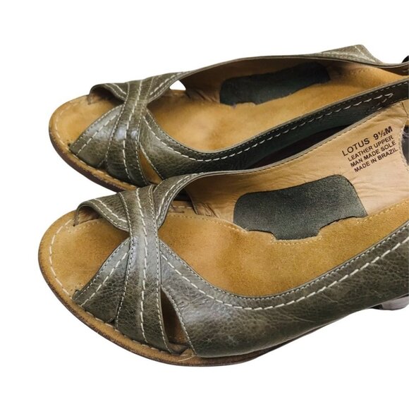 Nicole Lotus Peep Toe Leather Olive wedge Sandals Women size 9.5 - Picture 10 of 15